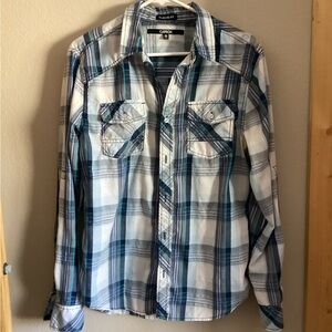 Carbon Men's Blue Gray Plaid Long Sleeve Cotton Polyester Button-Up Shirt Size M
